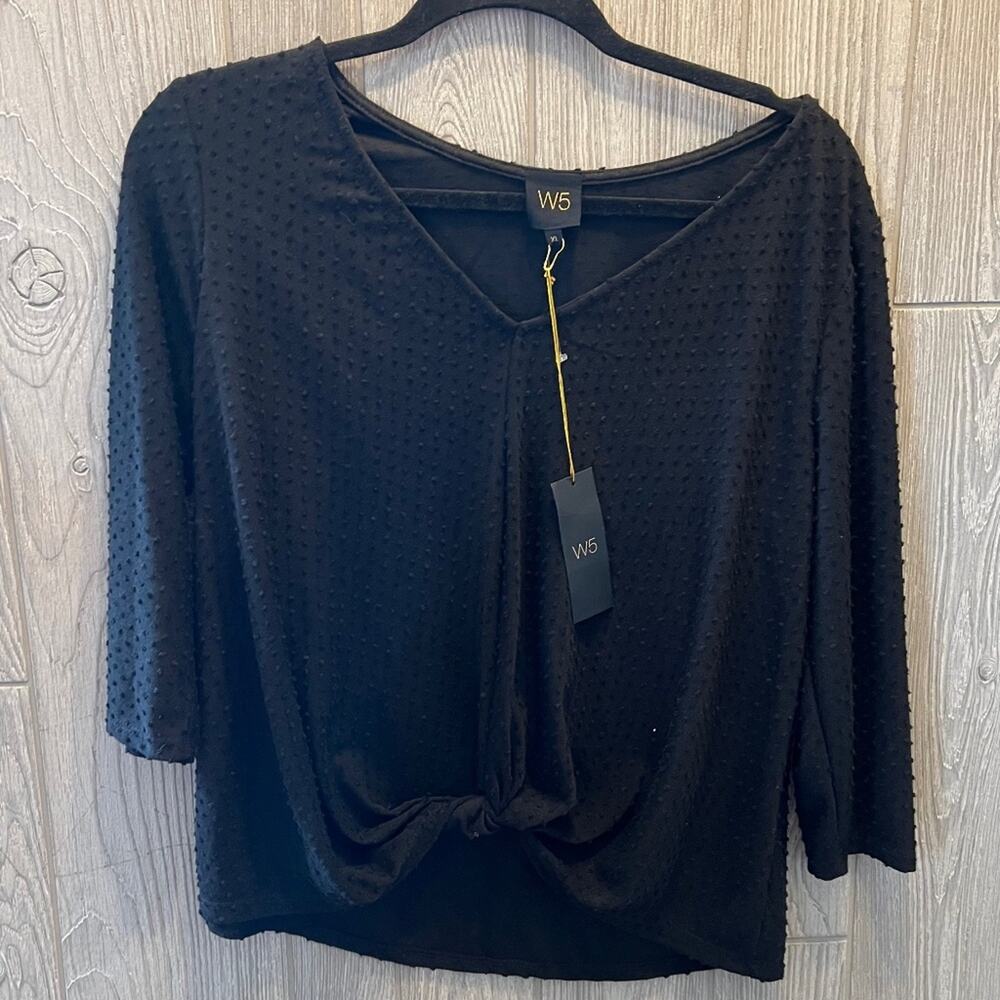 W5 Black Swiss Dot Blouse Faux Tie Front NWT